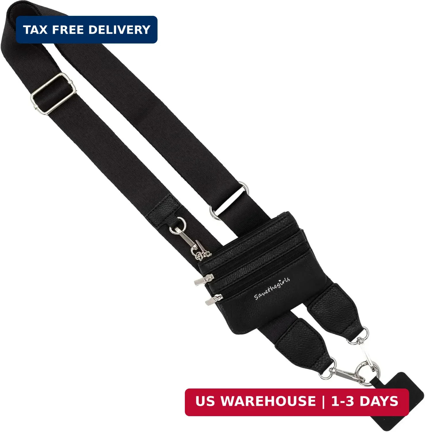 Save the Girls Clip and Go Phone Strap Solid (Black – Black Pouch with Silver Ha