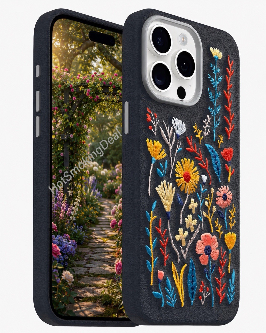OtterBox iPhone 15 Pro Max Symmetry Series Cactus Leather Embroidery Garden Blue