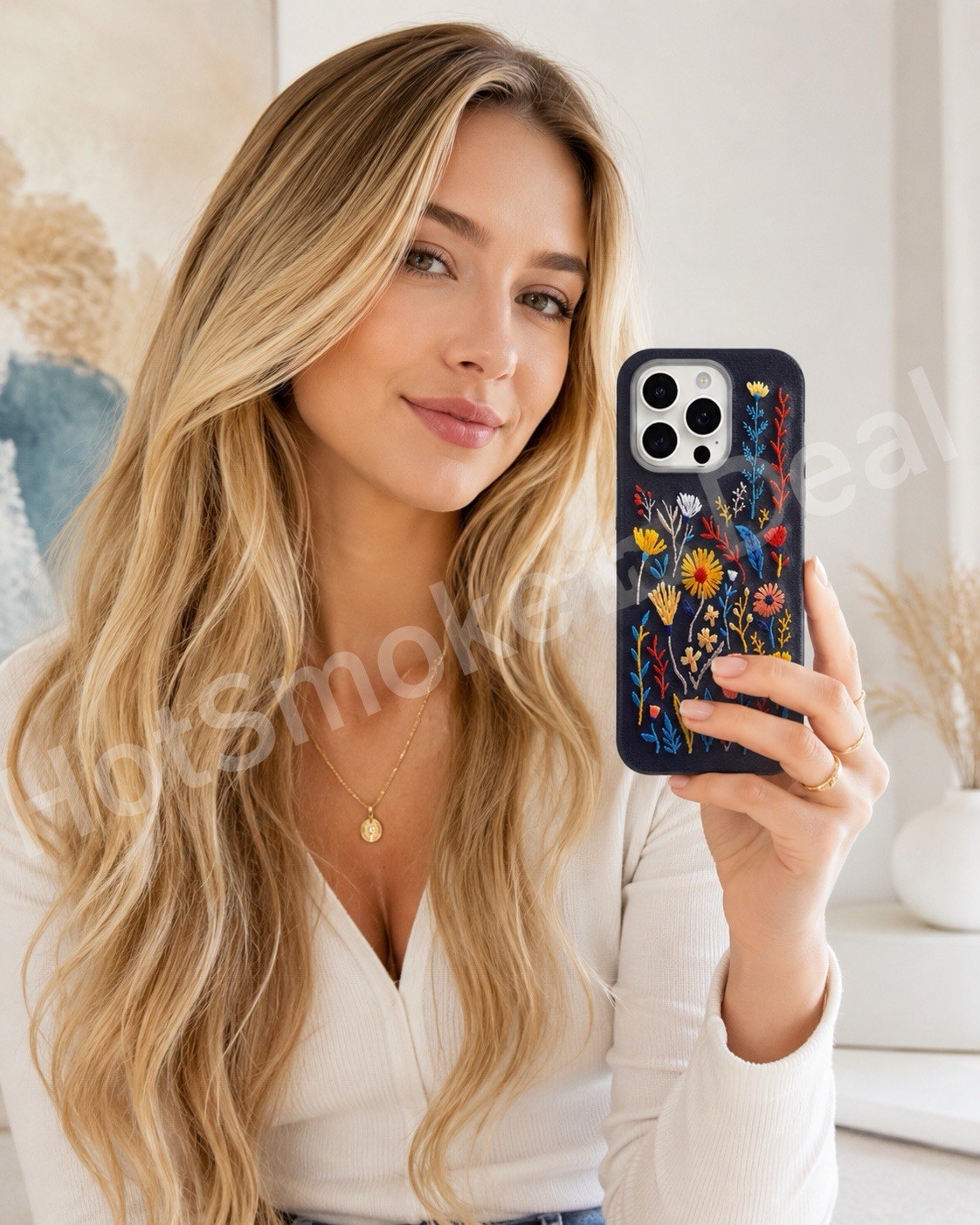 OtterBox iPhone 15 Pro Max Symmetry Series Cactus Leather Embroidery Garden Blue