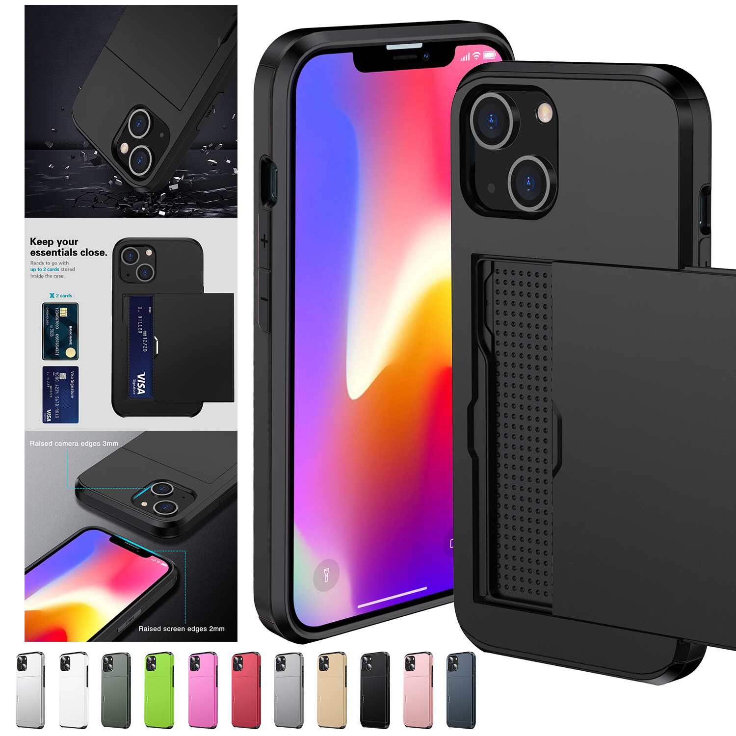 For iPhone 15 14 13 Pro Max 12 11 XS XR Slide Wallet Credit Card Shockproof Case